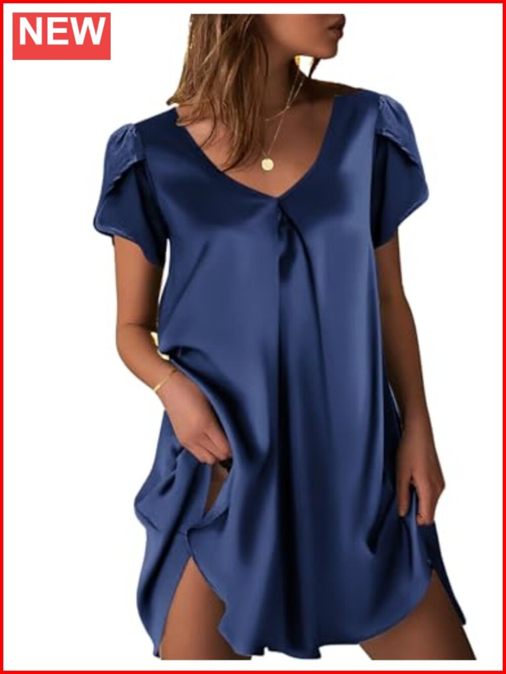 Satin Nightgown Women Short Sleeve V-Neck Silk Sleep Shirt Pleated